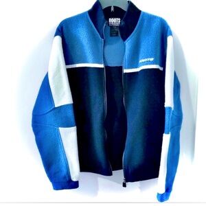 Vintage ROOTS Athletics Fleece Jacket Reflective Strip Accent Blue/White Size M